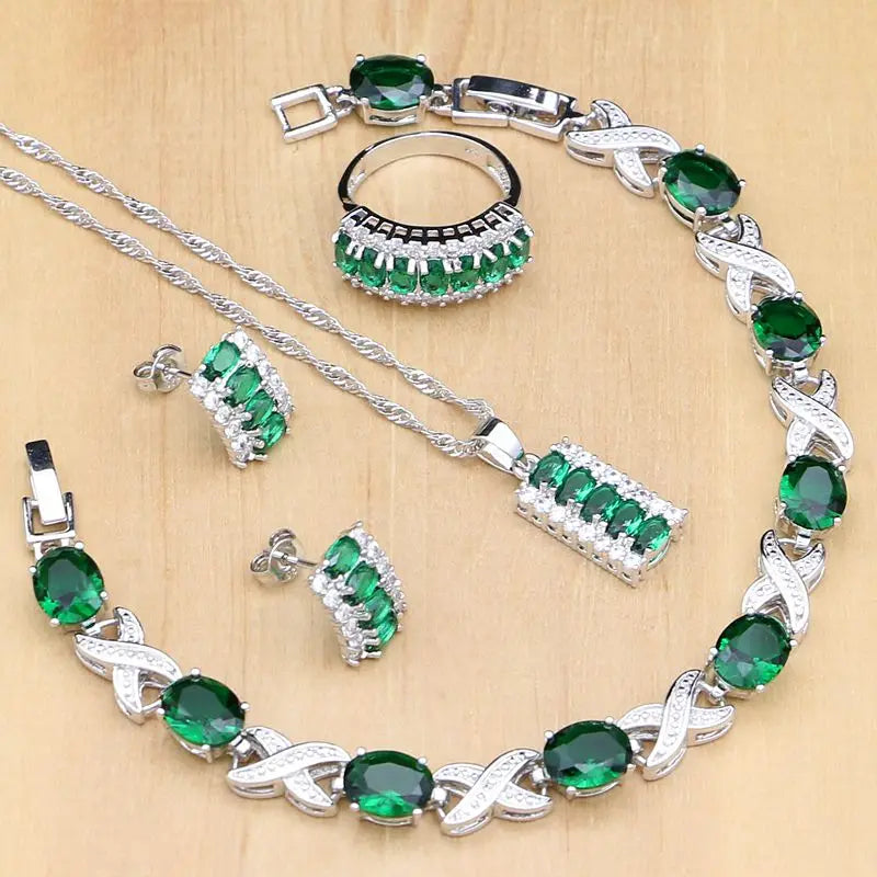 925 Silver Jewelry Oval Green Created Emerald White CZ Jewelry Sets for Women Earrings/Pendant/Necklace/Rings/Bracelet T225