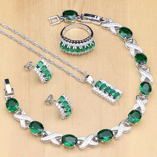 925 Silver Jewelry Oval Green Created Emerald White CZ Jewelry Sets for Women Earrings/Pendant/Necklace/Rings/Bracelet T225