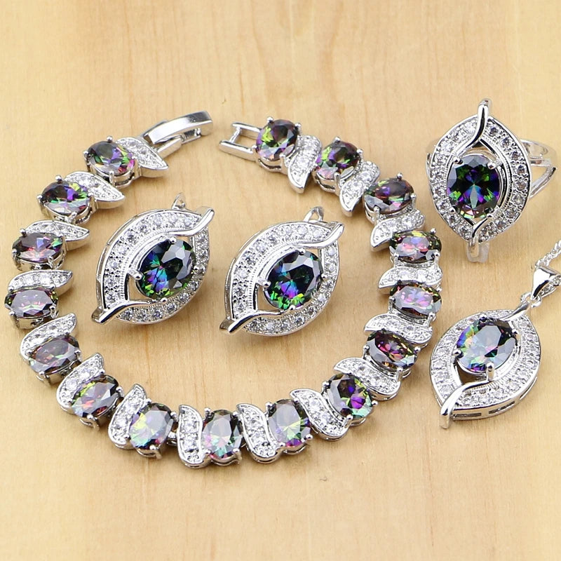 925 Sterling Silver Natural Mystic Rainbow Zircon Stone Jewelry Sets For Women Earrings/Pendant/Ring/Bracelet/Necklace Set