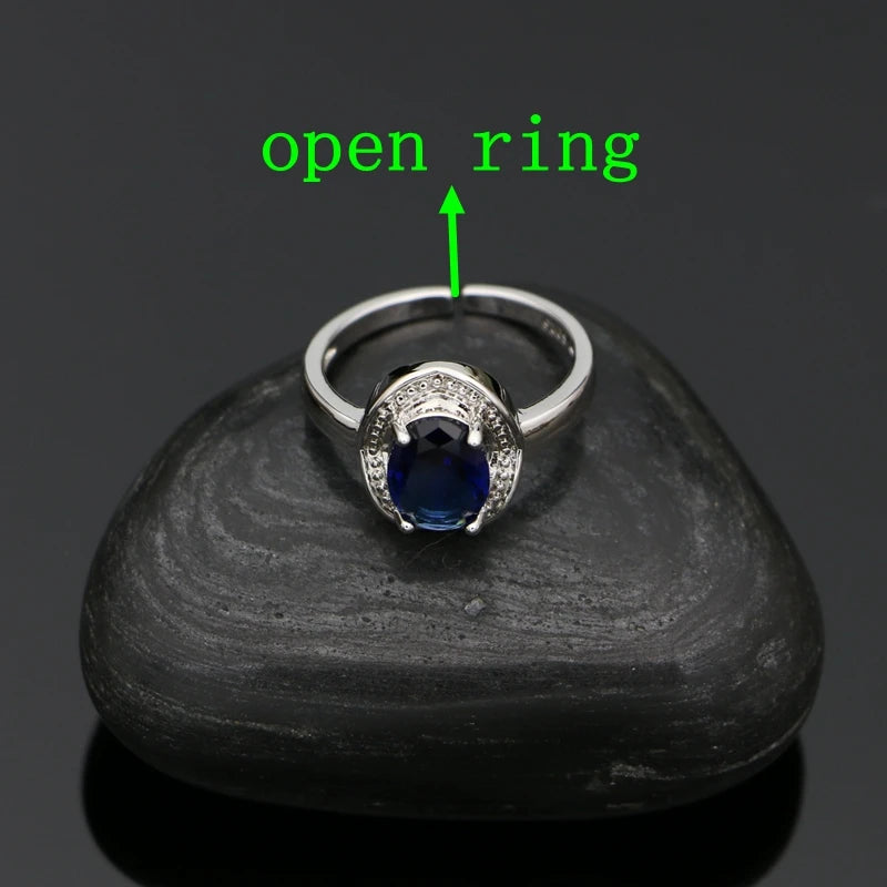 Silver 925 Jewelry Set for Woman Party Accessories Sapphire Earrings Chain Pendant Open Ring Silver Set