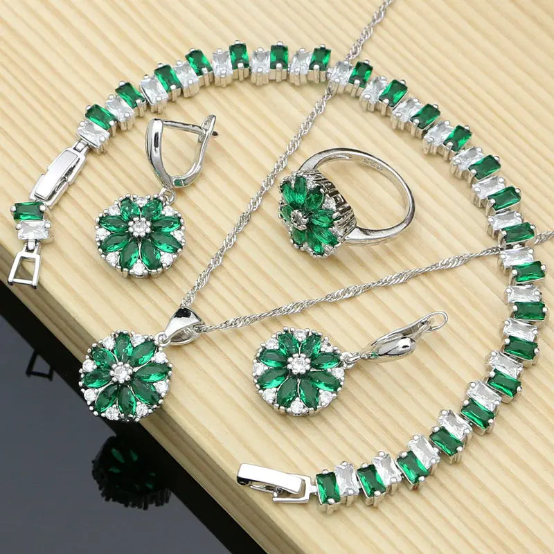 Geometric Cubic Zirconia Crystal  Bridal Jewelry Set Women Wedding Necklace Earrings Ring 925 Silver Bracelet Gift