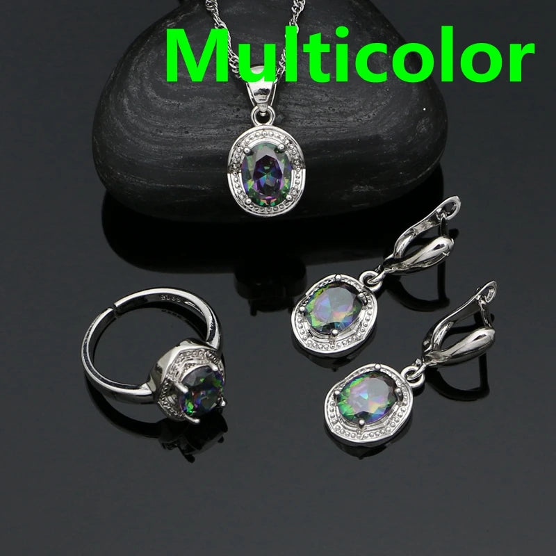 Silver 925 Jewelry Set for Woman Party Accessories Sapphire Earrings Chain Pendant Open Ring Silver Set