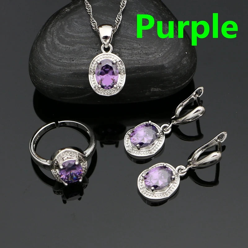 Silver 925 Jewelry Set for Woman Party Accessories Sapphire Earrings Chain Pendant Open Ring Silver Set
