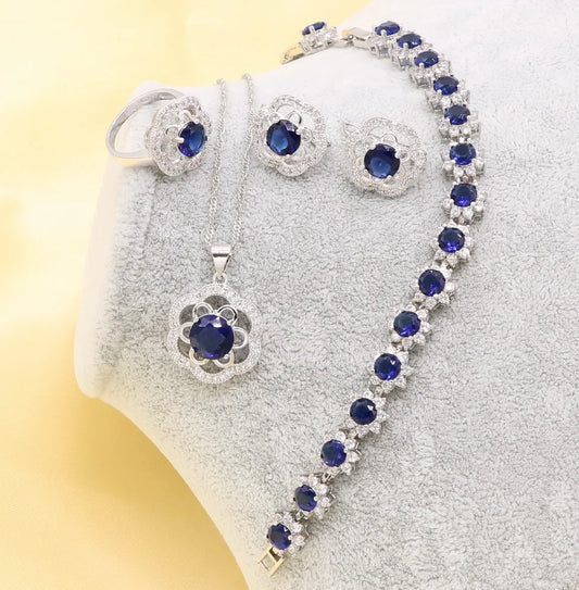 Xutaayi  Blue Created Sapphired Silver 925 jewelry Set For Women With Earrings Bracelet Necklace Pendant Ring Birthday Gift