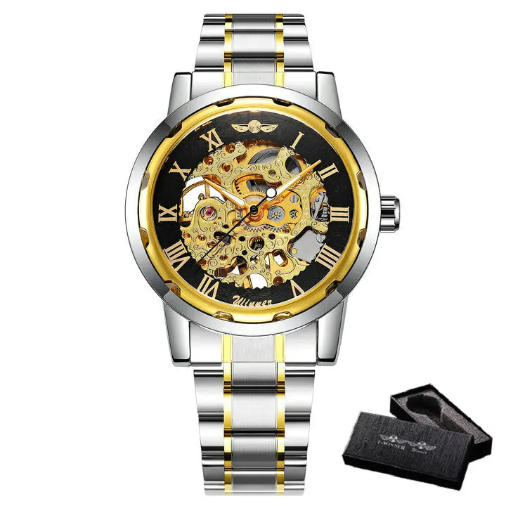 New 2020 Top Brand Luxury WINNER Golden Watches Mens Skeleton Mechanical Watches Stainless Steel Strap Classic Wristwatch COLORs