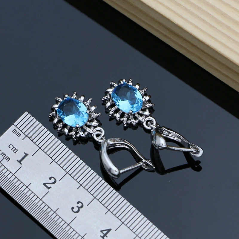 Silver 925 Jewelry Sets for Women Sky Blue Crystal Birthstone Fashion Jewelry Gift for Her Party Necklace Sets