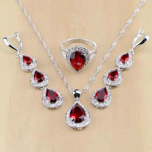 Mystic Red Zircon 925 Sterling Silver Jewelry Sets Women Wedding Accessories Long Earrings/Pendant/Necklace/Rings T078