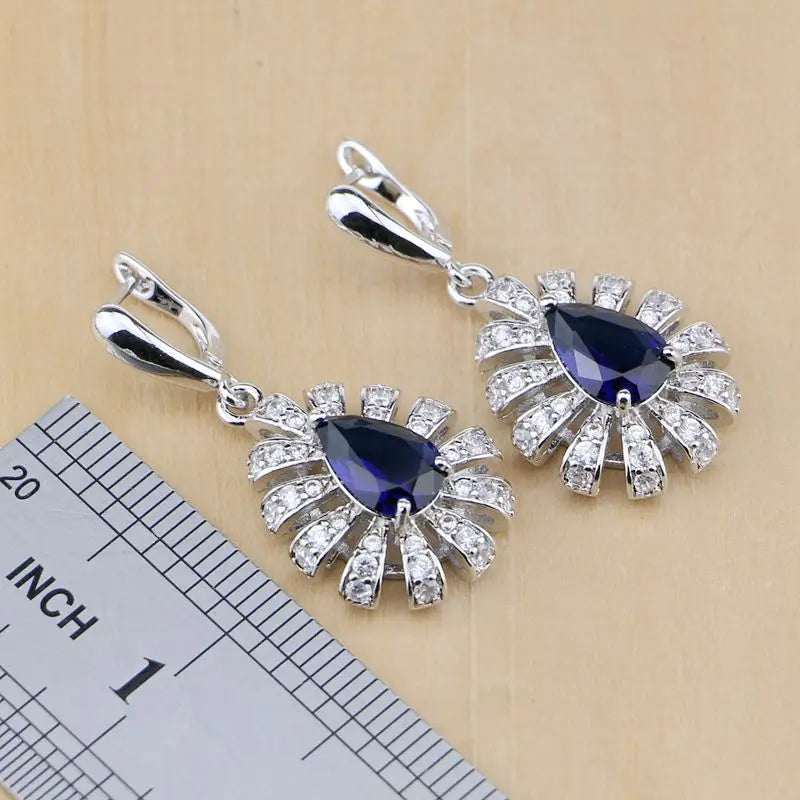 Hiphop Style 925 Sterling Silver Jewelry Blue Zircon White CZ Jewelry Sets For Women Earring/Pendant/Necklace/Rings