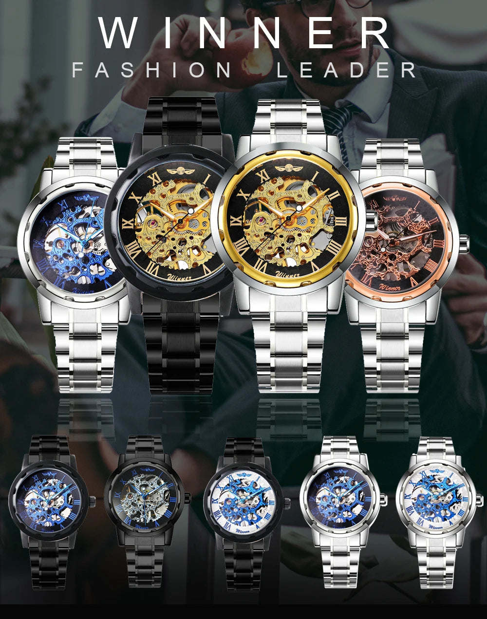 New 2020 Top Brand Luxury WINNER Golden Watches Mens Skeleton Mechanical Watches Stainless Steel Strap Classic Wristwatch COLORs