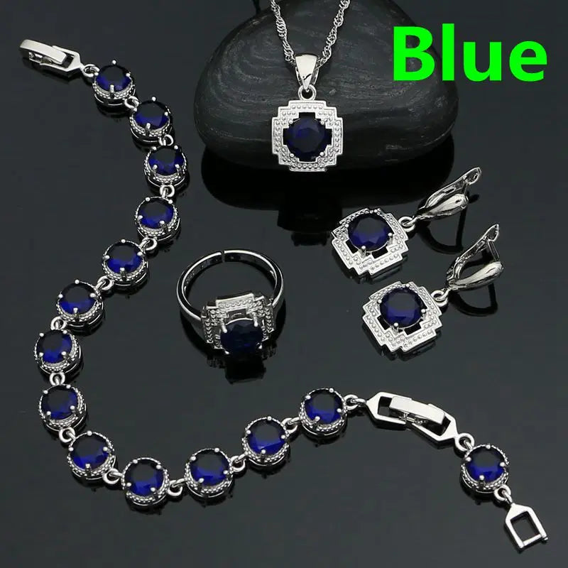 Green Stone Jewelry 925 Sterling Silver Open Ring Pendant Chain Earring Bracelet CZ Accessories Square Jewelry Kit for Women