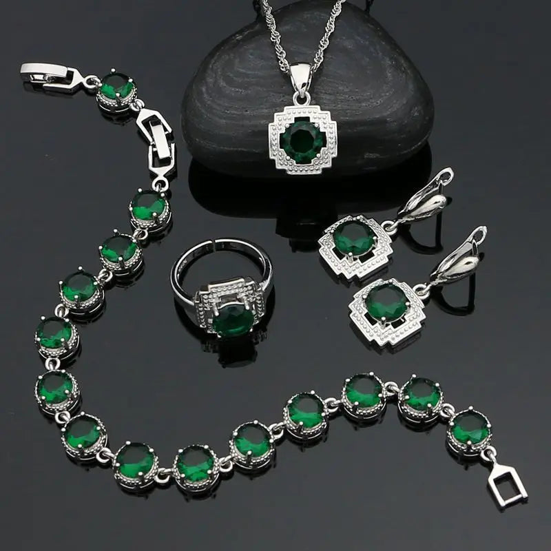 Green Stone Jewelry 925 Sterling Silver Open Ring Pendant Chain Earring Bracelet CZ Accessories Square Jewelry Kit for Women