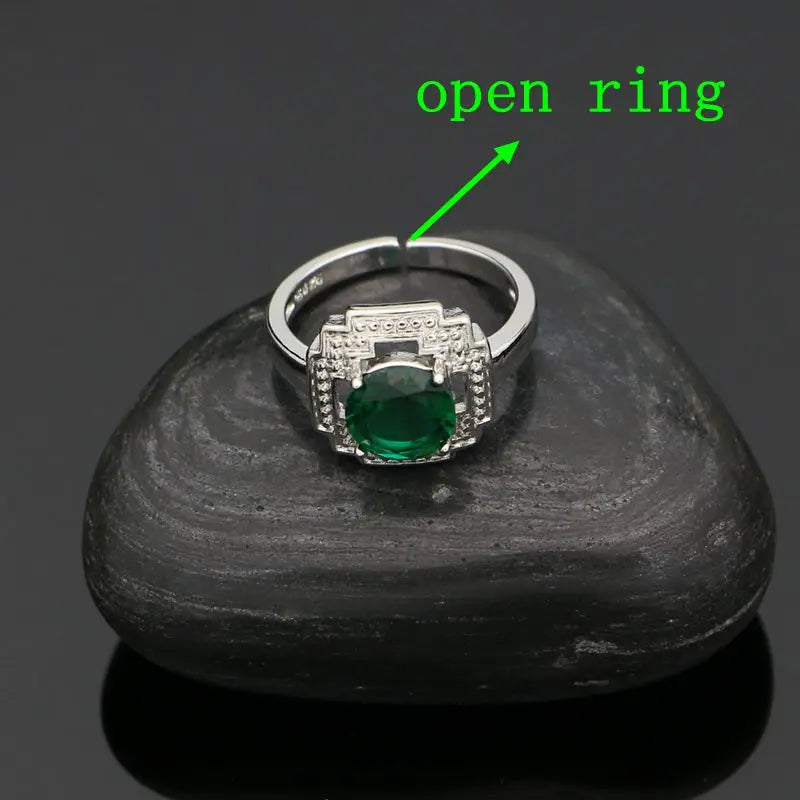 Green Stone Jewelry 925 Sterling Silver Open Ring Pendant Chain Earring Bracelet CZ Accessories Square Jewelry Kit for Women