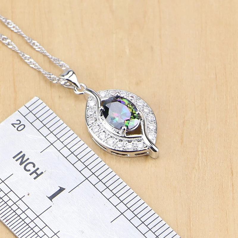925 Sterling Silver Natural Mystic Rainbow Zircon Stone Jewelry Sets For Women Earrings/Pendant/Ring/Bracelet/Necklace Set