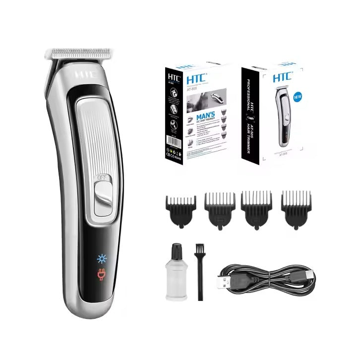 HTC Men's Cordless Hair & Beard Trimmer – Precision Grooming Kit with Adjustable Comb Attachments, USB Cable, and Cleaning Accessories