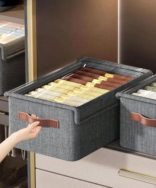 Foldable Storage Organizer Basket with Lid, Transparent Lids Fabric wardrobe organizer for Clothes, Collapsible closet organizers and storage box for Clothes