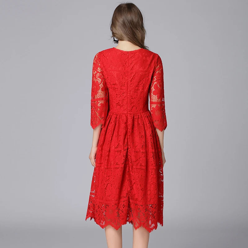 TAOYIZHUAI 2019 New Arrival Autumn Chinese Style Plus Size L A-Line Solid Red Holllow Out Women Long Lace Dress For Lady 14098