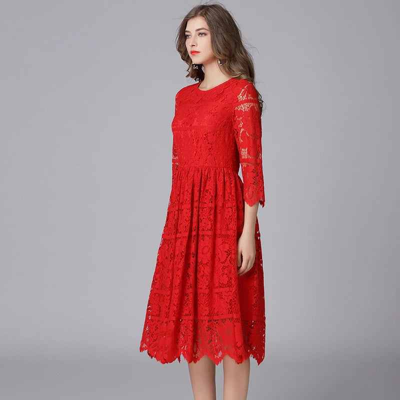 TAOYIZHUAI 2019 New Arrival Autumn Chinese Style Plus Size L A-Line Solid Red Holllow Out Women Long Lace Dress For Lady 14098