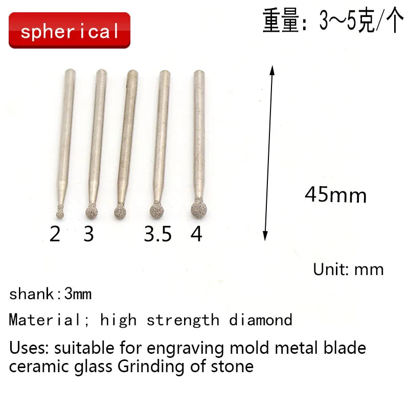 5pcs 3mm Shank Spherical Brazed Diamond Grinding Head Burrs Carving Peeling Bits For Jade Stone Glass Metal Ceramic Mill