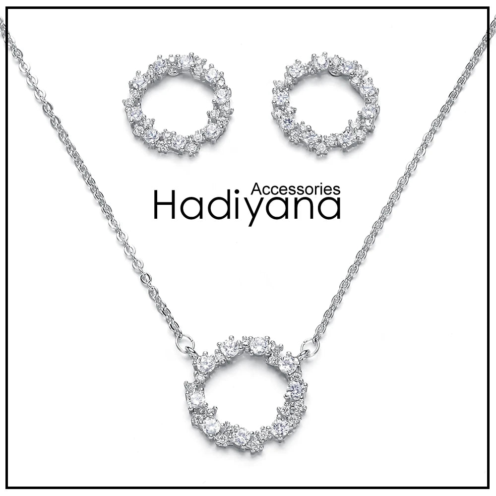 HADIYANA Hot Selling AAA Cubic Zirconia 2pcs Jewelry Set Fashion Round Shape Pendant Necklace and Earring Sets For Woman CN221