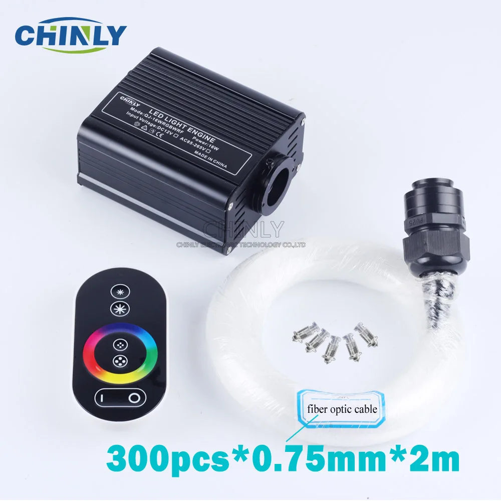 Luz de fibra óptica 16w rgbw touch rf controle remoto, luz led estrela 300 peças 2m cabo de fibra óptica para decoração de quarto de criança teto de hotel