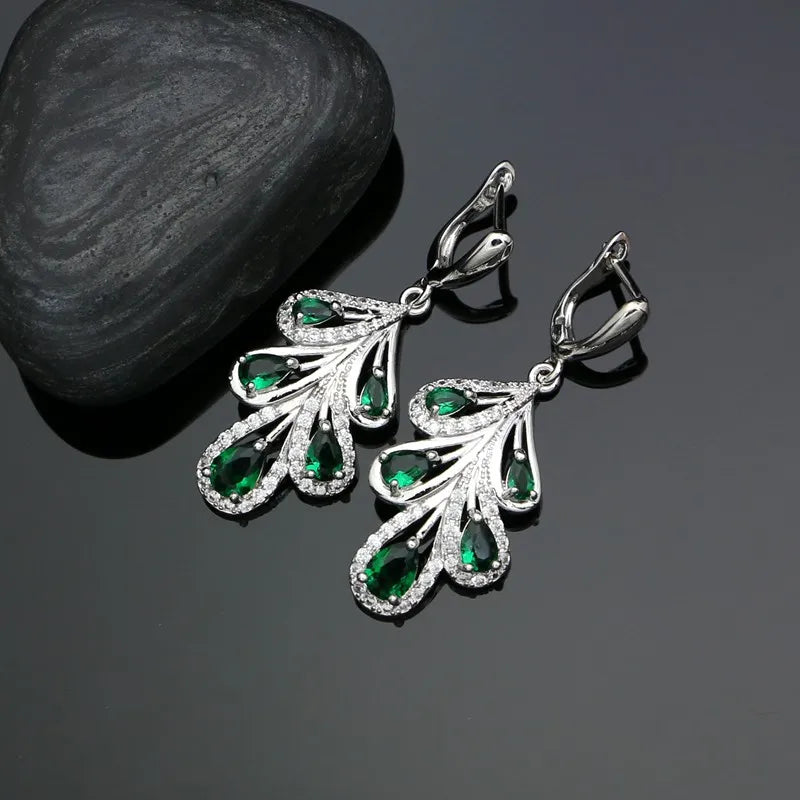 Flower Shaped 925 Silver Jewelry Sets Natural Green Cubic Zirconia White Crystal Earrings Ring Pendant Necklace Set For Women