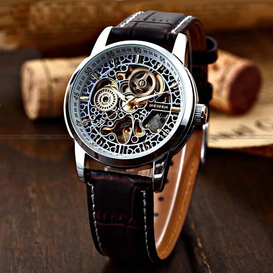 แบรนด์ที่มีชื่อเสียง Shenhua นาฬิกาผู้ชาย Vintage Automatic Mechanical Skeleton นาฬิกาผู้ชายผู้ชายหนังนาฬิกา Relogio Masculino