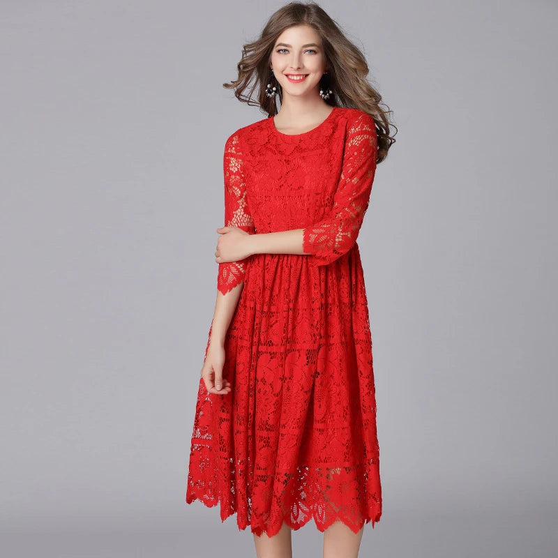 TAOYIZHUAI 2019 New Arrival Autumn Chinese Style Plus Size L A-Line Solid Red Holllow Out Women Long Lace Dress For Lady 14098