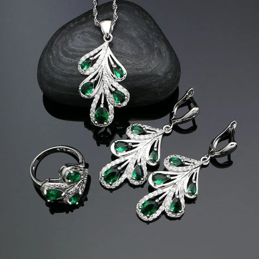 Flower Shaped 925 Silver Jewelry Sets Natural Green Cubic Zirconia White Crystal Earrings Ring Pendant Necklace Set For Women
