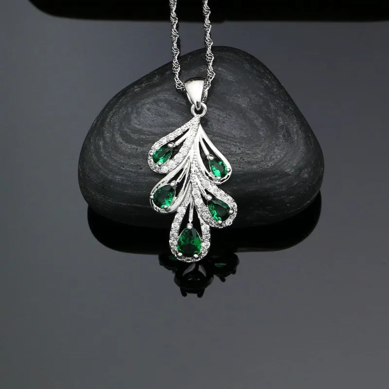 Flower Shaped 925 Silver Jewelry Sets Natural Green Cubic Zirconia White Crystal Earrings Ring Pendant Necklace Set For Women