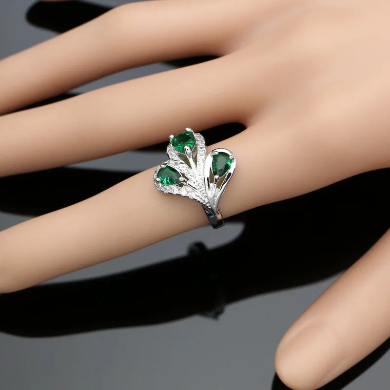 Flower Shaped 925 Silver Jewelry Sets Natural Green Cubic Zirconia White Crystal Earrings Ring Pendant Necklace Set For Women