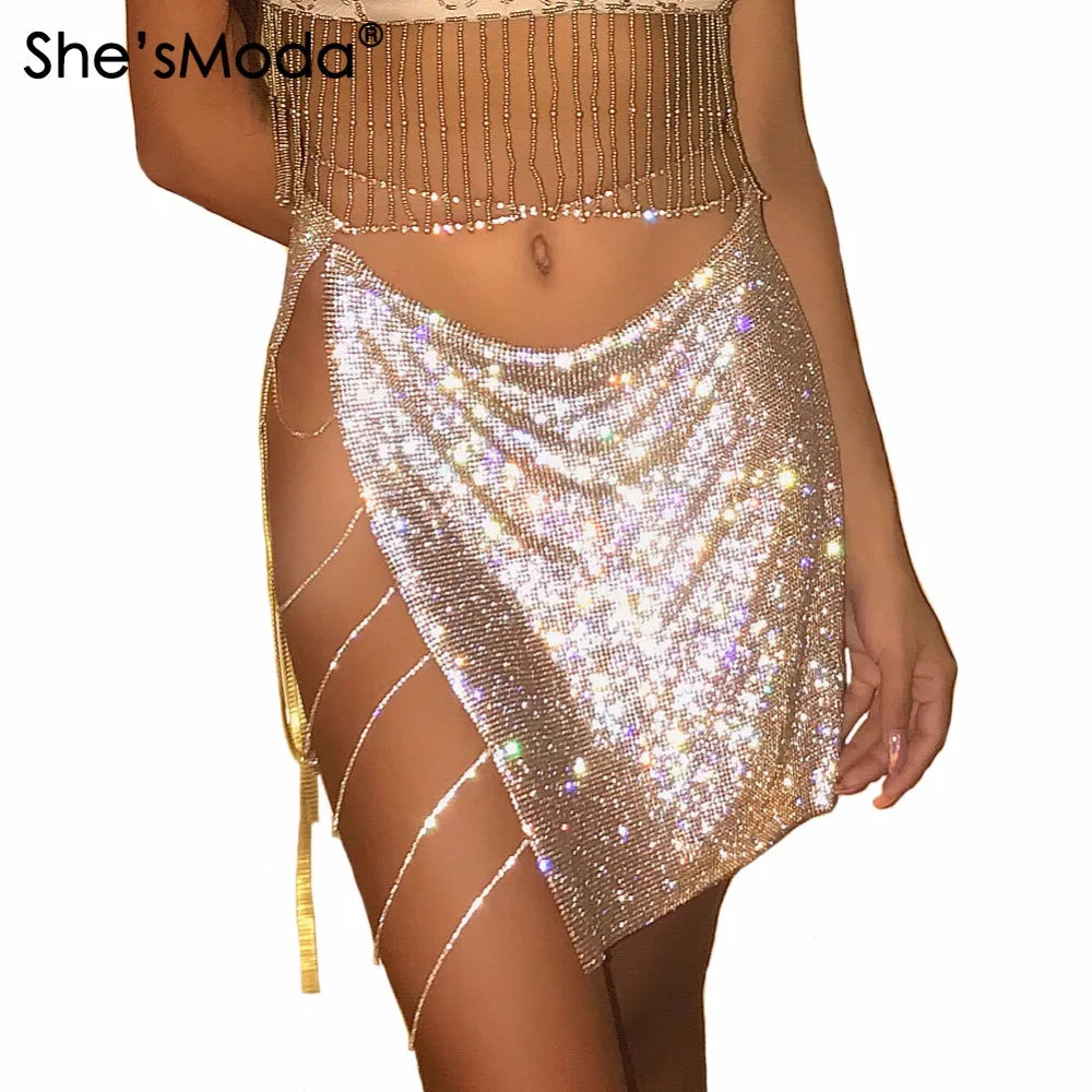 She'sModa Brilhando Diamante Cadeia de Liga de Metal Cruz Fenda Saia Clube do Partido das Mulheres Mini Saia Praia