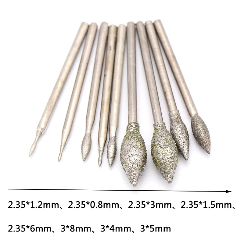 2.35/3mm Shank J Needle Diamond Grinding Head Polishing Needle Bits Burrs Metal Stone Jade Engraving Carving Tools For Dremel