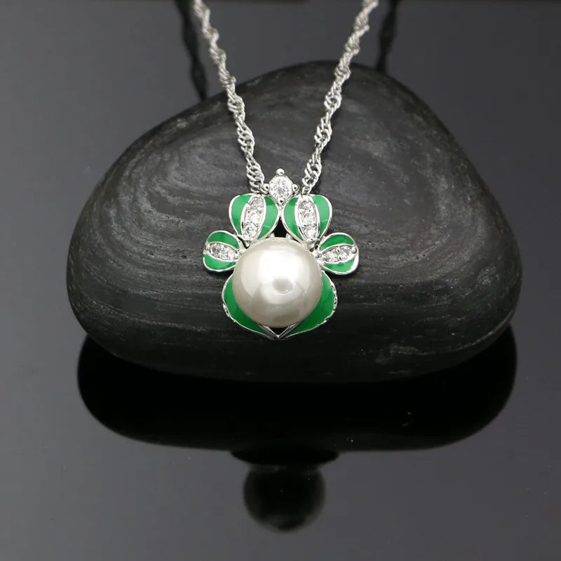 925 Sterling Silver Jewelry Set Green Enamel Pearl Crystal Jewelry Set Reindeer Shape Ring Earring Necklace Pendant Set