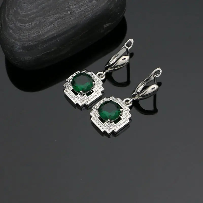 Green Stone Jewelry 925 Sterling Silver Open Ring Pendant Chain Earring Bracelet CZ Accessories Square Jewelry Kit for Women