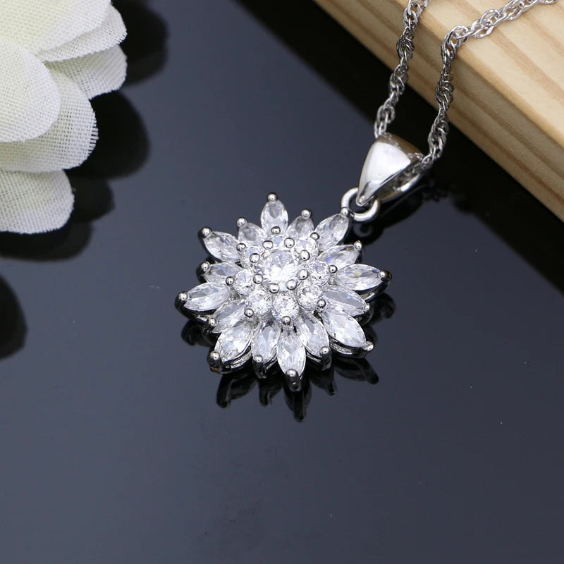 Luxury Flowers 925 Sterling Silver Costume Jewelry Sets for Women Cubic Zirconia Earrings Fashion Wedding Jewelry Necklace Sets