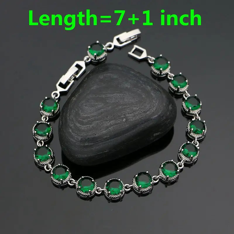 Green Stone Jewelry 925 Sterling Silver Open Ring Pendant Chain Earring Bracelet CZ Accessories Square Jewelry Kit for Women