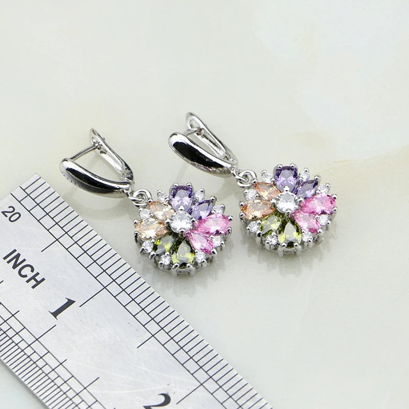 925 Silver Jewelry Flower Multi-color stones Jewelry Sets For Women Wedding Earrings/Pendant/Necklace/Rings