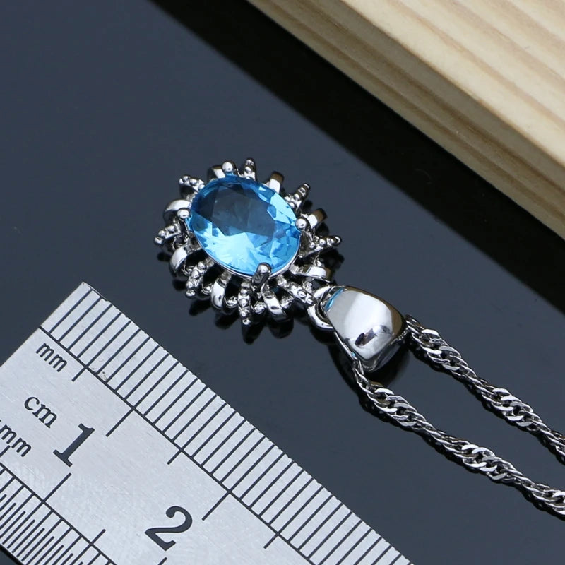 Silver 925 Jewelry Sets for Women Sky Blue Crystal Birthstone Fashion Jewelry Gift for Her Party Necklace Sets