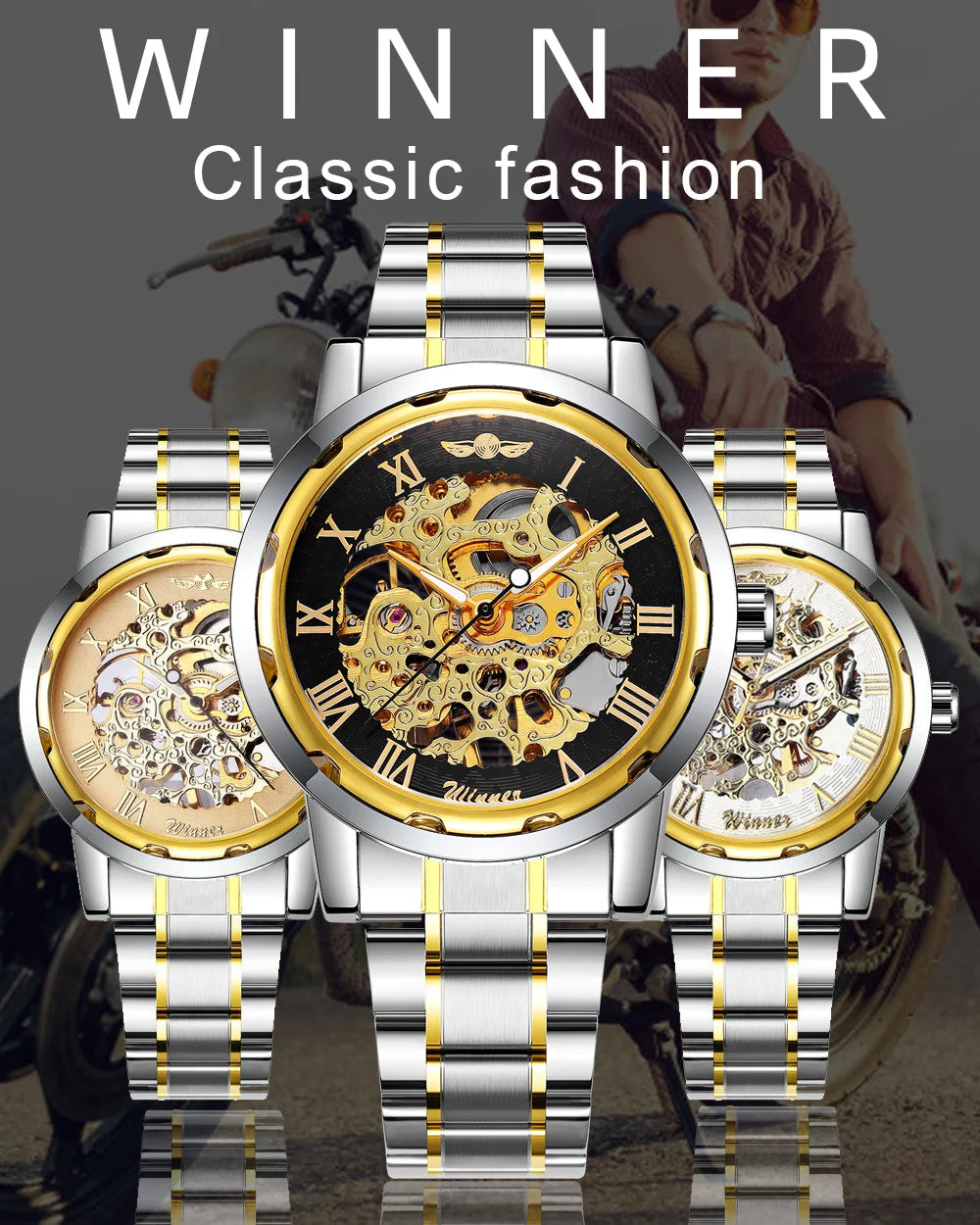 New 2020 Top Brand Luxury WINNER Golden Watches Mens Skeleton Mechanical Watches Stainless Steel Strap Classic Wristwatch COLORs