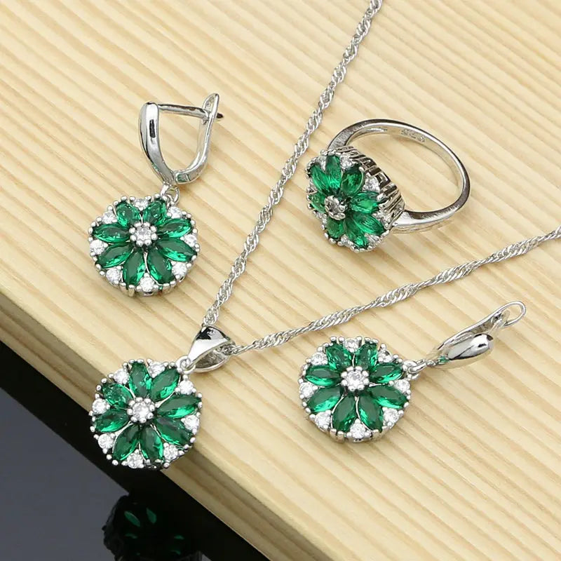 Geometric Cubic Zirconia Crystal  Bridal Jewelry Set Women Wedding Necklace Earrings Ring 925 Silver Bracelet Gift