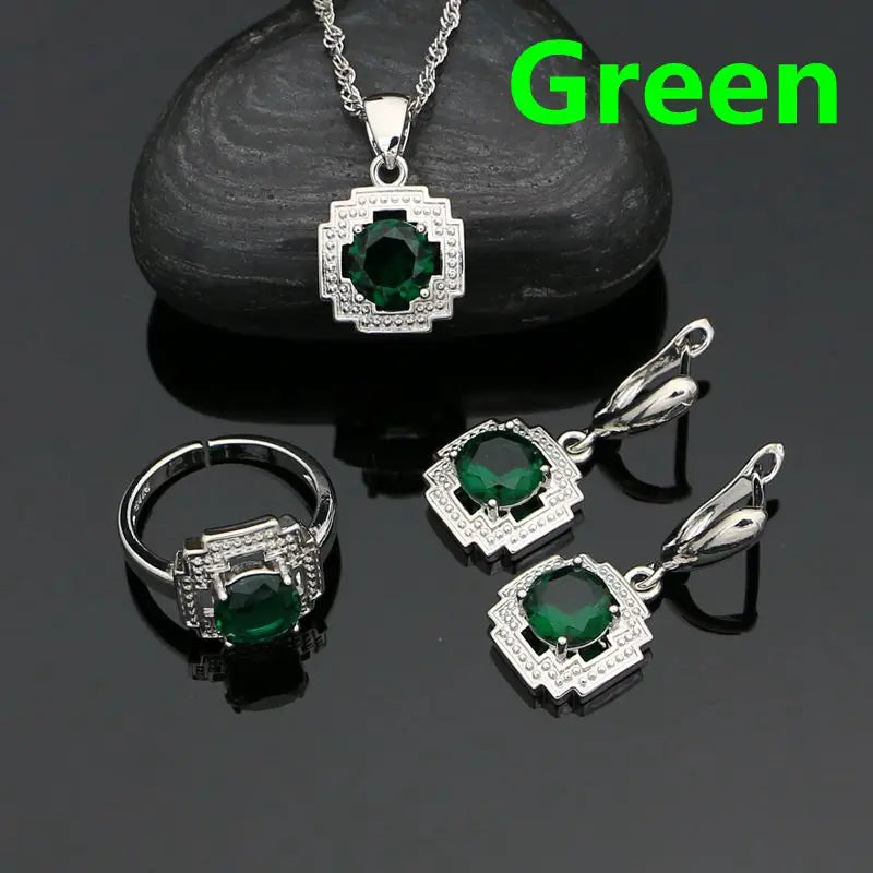 Green Stone Jewelry 925 Sterling Silver Open Ring Pendant Chain Earring Bracelet CZ Accessories Square Jewelry Kit for Women