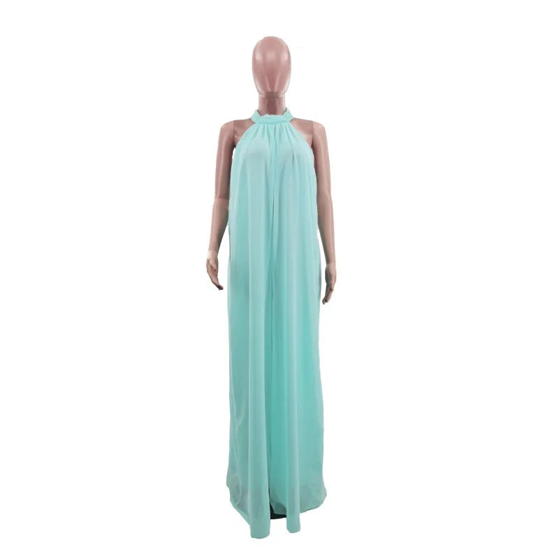 Elegant Holiday Chiffon Jumpsuits Halter Sleeveless High Waist Women Wide Leg Playsuit Open Back Pleated Rompers