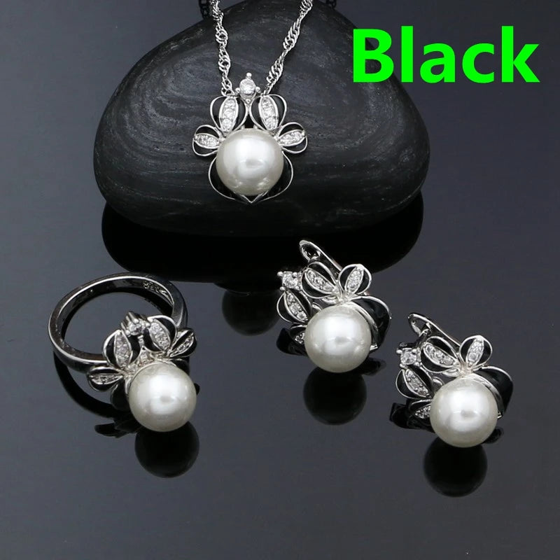 925 Sterling Silver Jewelry Set Green Enamel Pearl Crystal Jewelry Set Reindeer Shape Ring Earring Necklace Pendant Set