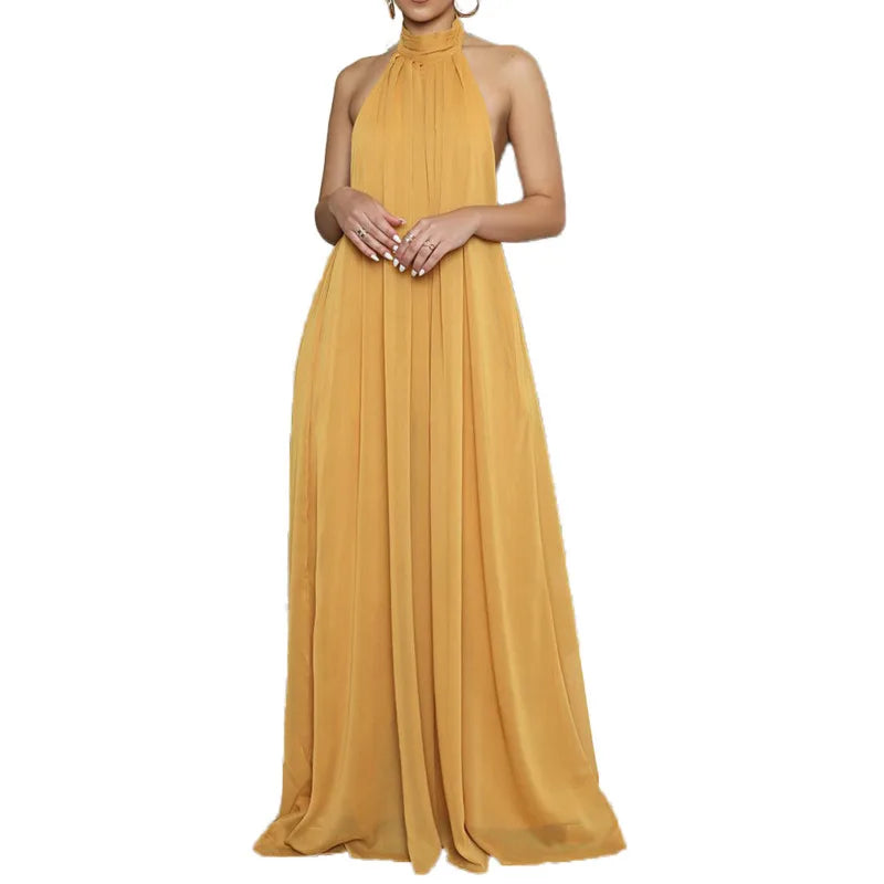 Elegant Holiday Chiffon Jumpsuits Halter Sleeveless High Waist Women Wide Leg Playsuit Open Back Pleated Rompers