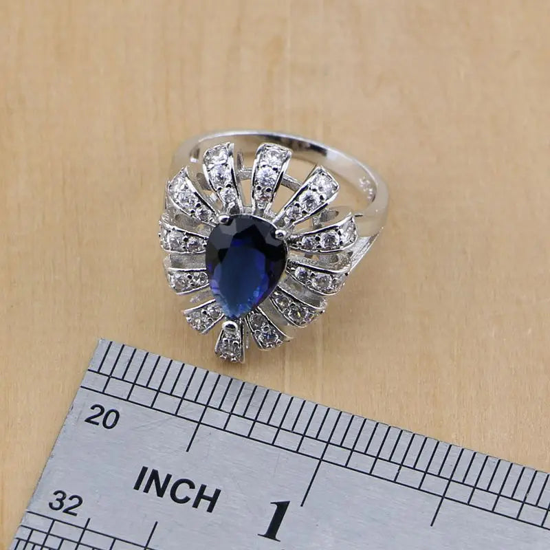 Hiphop Style 925 Sterling Silver Jewelry Blue Zircon White CZ Jewelry Sets For Women Earring/Pendant/Necklace/Rings