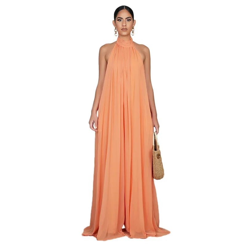Elegant Holiday Chiffon Jumpsuits Halter Sleeveless High Waist Women Wide Leg Playsuit Open Back Pleated Rompers