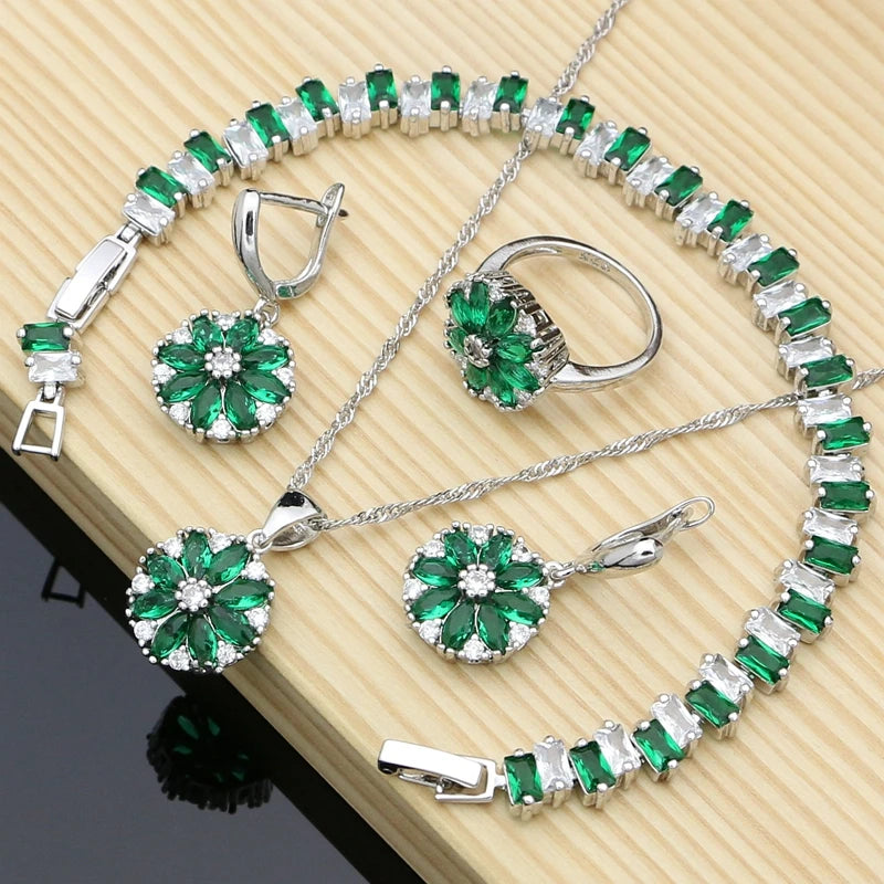 Geometric Cubic Zirconia Crystal  Bridal Jewelry Set Women Wedding Necklace Earrings Ring 925 Silver Bracelet Gift