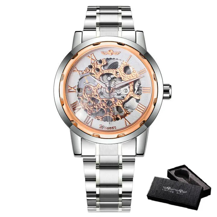 New 2020 Top Brand Luxury WINNER Golden Watches Mens Skeleton Mechanical Watches Stainless Steel Strap Classic Wristwatch COLORs