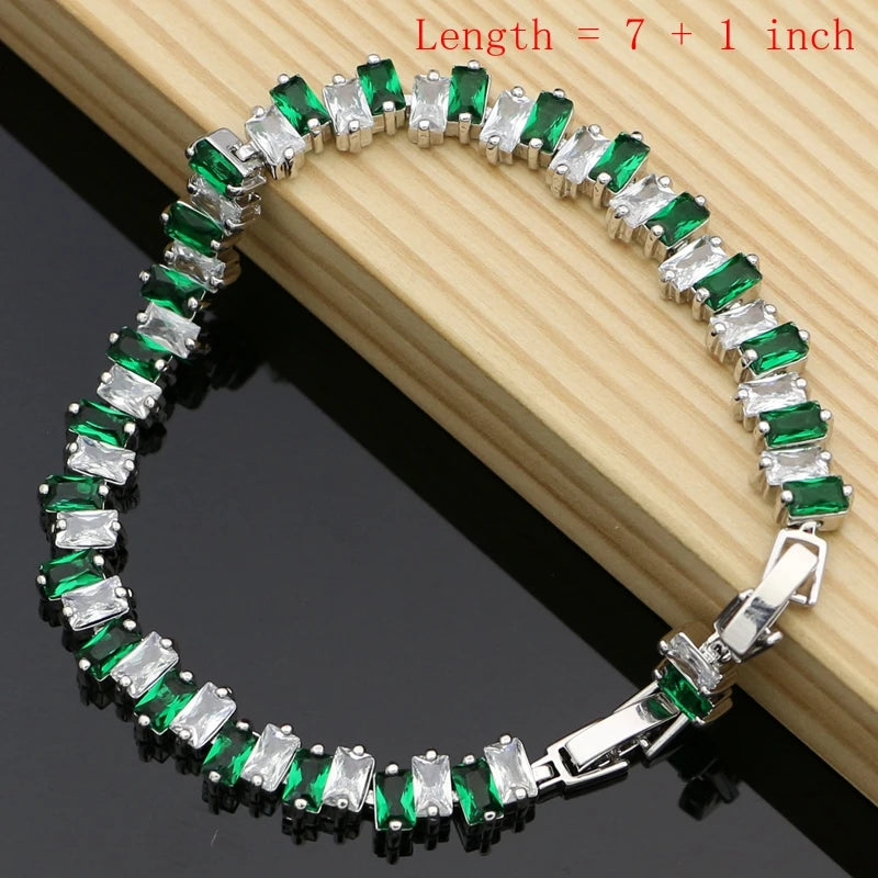 Geometric Cubic Zirconia Crystal  Bridal Jewelry Set Women Wedding Necklace Earrings Ring 925 Silver Bracelet Gift