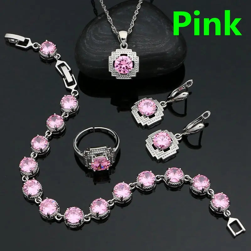 Green Stone Jewelry 925 Sterling Silver Open Ring Pendant Chain Earring Bracelet CZ Accessories Square Jewelry Kit for Women